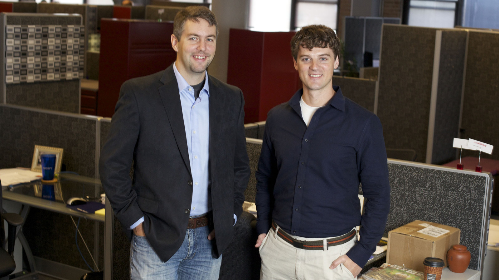 GrubHub co-founders Mike Evans, left, and Matt Maloney, right, pictured inside the company's headquarters on Friday, Sep. 23, 2011, in Chicago. (Joel Wintermantle/for the Chicago Tribune) ...OUTSIDE TRIBUNE CO.- NO MAGS, NO SALES, NO INTERNET, NO TV, NEW YORK TIMES OUT, CHICAGO OUT, NO DIGITAL MANIPULATION...