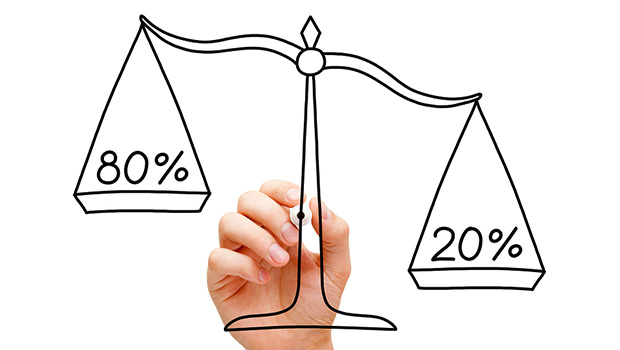 Hand drawing Pareto Principle scale concept with black marker on transparent wipe board isolated on white.