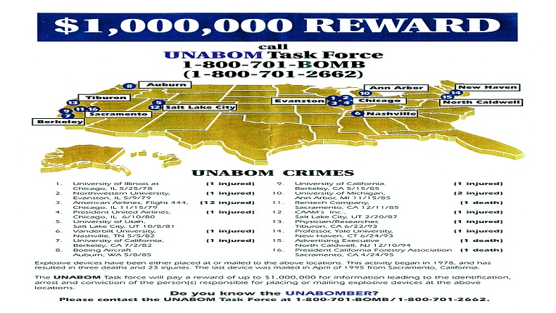 This FBI poster detailed the bombers attacks and offered a $1,000,000 reward for his capture. (Courtesy Federal Bureau of Investigation)