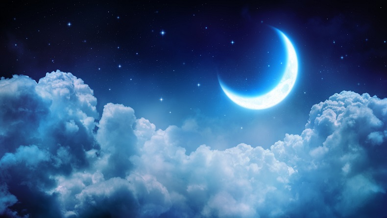 Romantic Moon In Starry Night Over Clouds